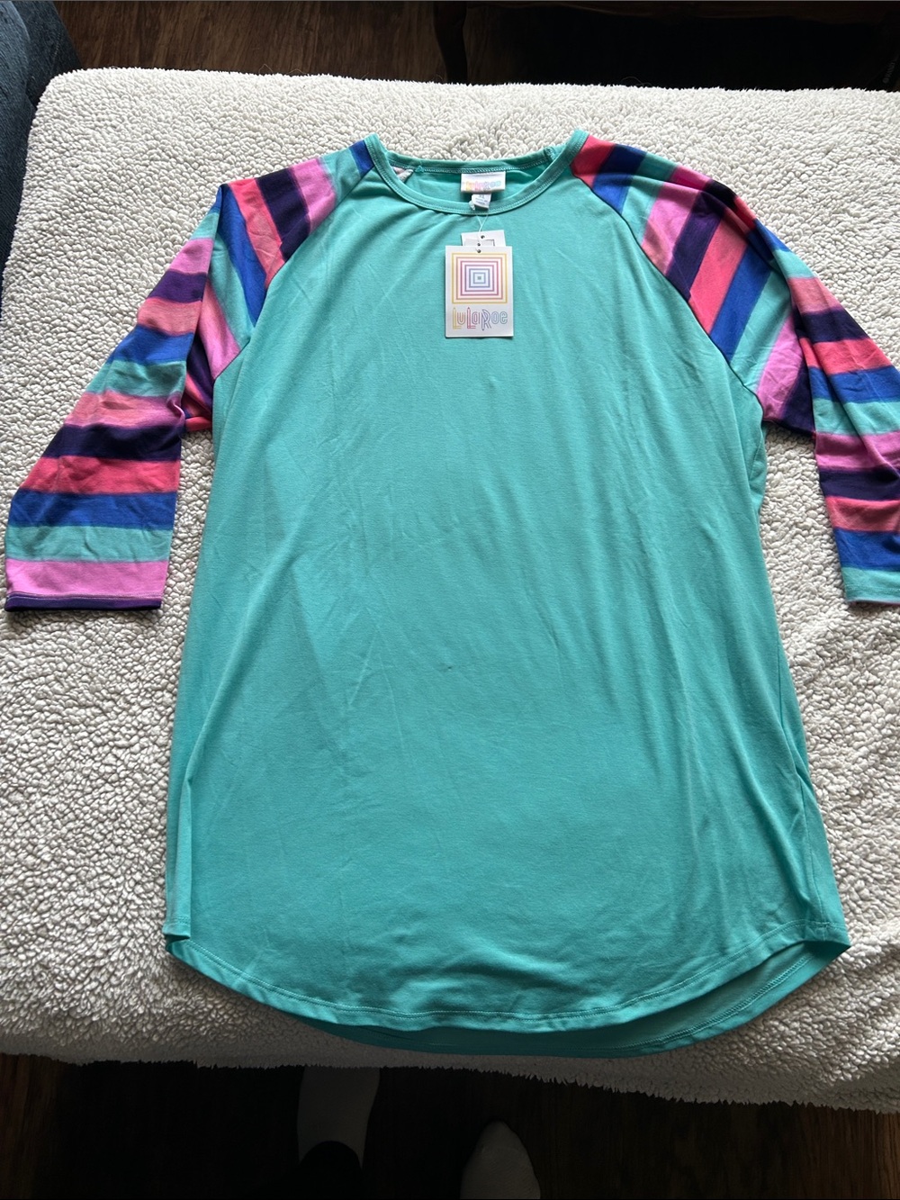 LuLaRoe Teal Tunic with Pink, Purple, Blue & Green Striped Sleeves